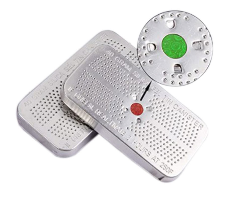 40g Reusable Indicating Silica Gel Tin | Oven-Safe Color-Changing Moisture Absorber Canister for Toolboxes, Coin Collections & Airtight Bins