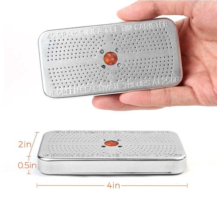 40g Reusable Indicating Silica Gel Tin | Oven-Safe Color-Changing Moisture Absorber Canister for Toolboxes, Coin Collections & Airtight Bin